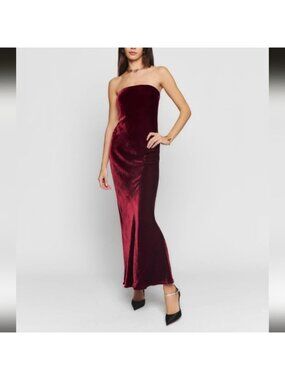NWT Reformation Sylvania Velvet Dress Red Petite MP Silk Blend Strapless Maxi